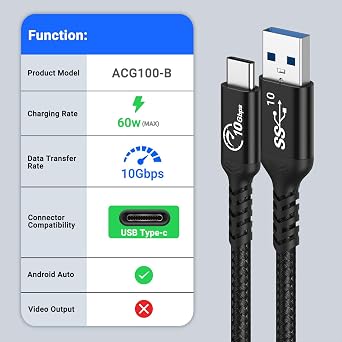 10Gbps USB C Cable 1 m for Android Car Pack of 2 Black