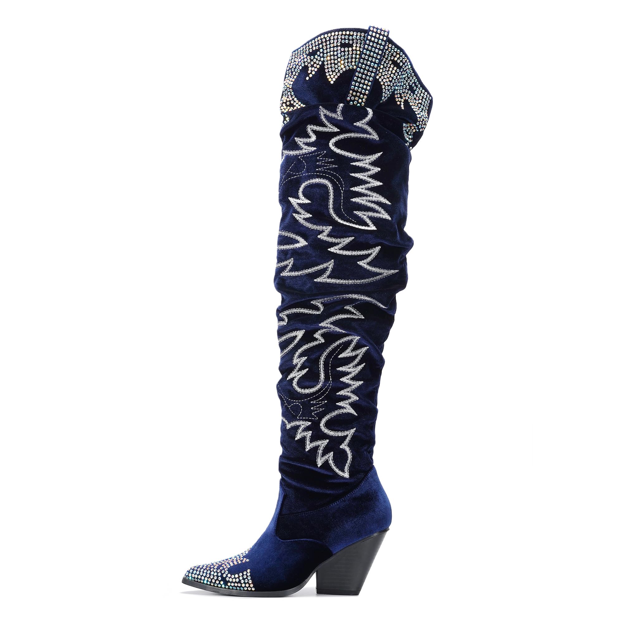 Cape Robbin Women's Rhinestone Embroidered Cowboy Boots Thigh High Slouchy Wide Calf Pull On Over The Knee Boots with Memory Foam Insole & 3 Inch Heel