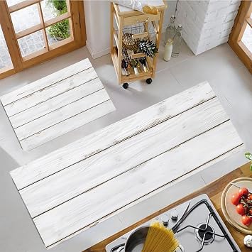 White Gray Kitchen Rugs, Distressed Wood Grain Non Skid Washable Comfort Mats for Floor, Anti Fatigue Kitchen Cushioned Runner Rug Retro Country Style Decor Set of 2, 20"X30"+20"X59"