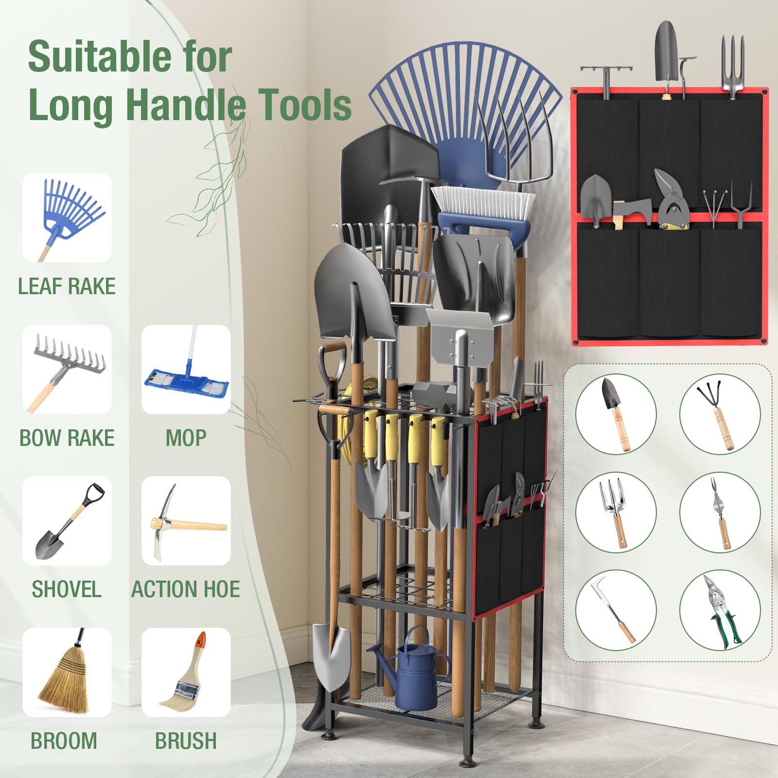 Lovind Garden Tool Organizer For Corner,Metal Yard Tool Organizer For Long Handled Tools Rakes Brooms Side Garden Pocket Heavy Duty Steel Yard Tool Storage Rack For Garage Shed Outdoor P 186592950