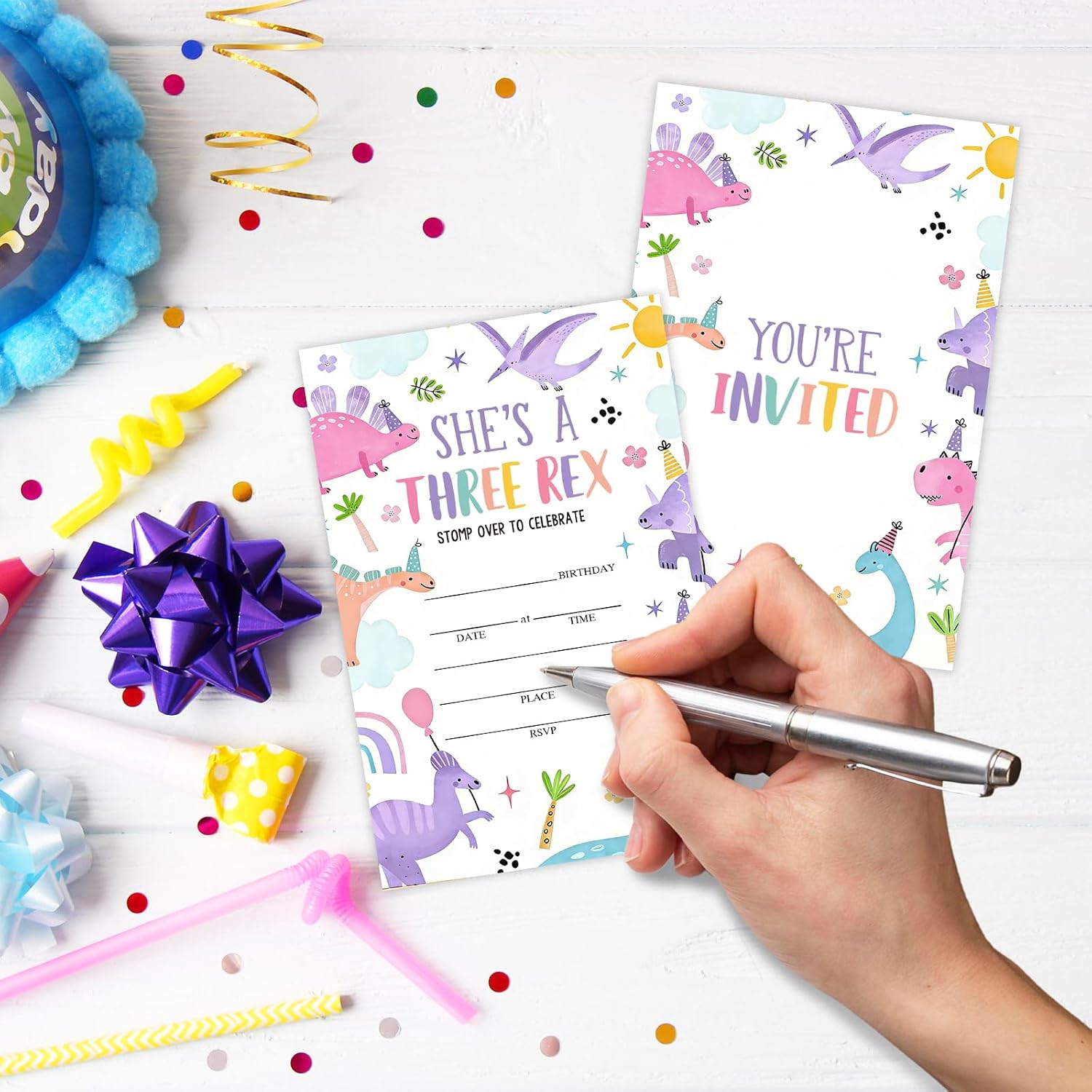 25 Pastel Dinosaur Girl Invitations Cards,Watercolor Fill-in Birthday Invite with Envelopes for Girls, Cute Dino Party,Birthday Dinner Favor & Decoration (4"x 6") - A03