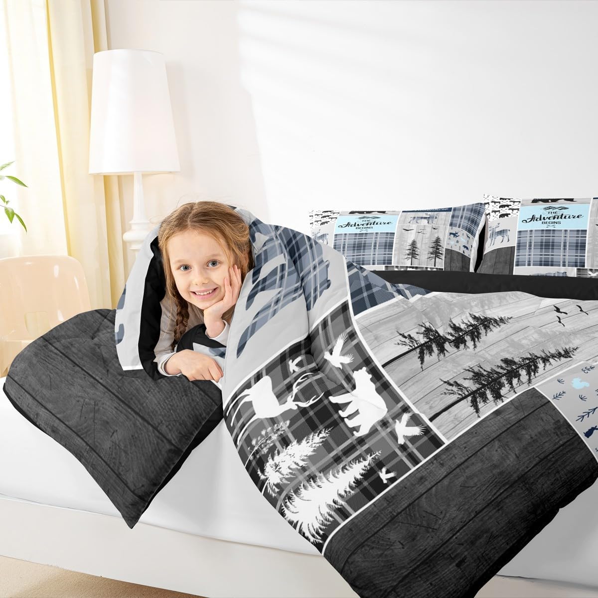 Camping Bedding Set For Kids, Deer Bear Comforter Set Queen Size Rustic Buffalo Plaid Patchwork Duvet Insert For Teens Adult Bedroom, Lodge Woodland Wildlife Quilted Duvet Cabin Decor, Grey Blue