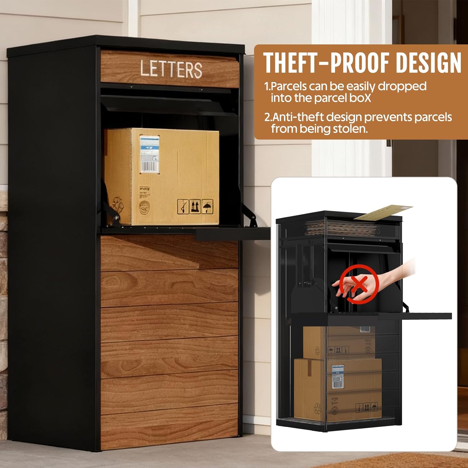 Package Delivery Box for Outside, 41.7” Large Parcel Drop Box with Woodgrain Finish, Anti-Theft & Waterproof Outdoor Package Lock Box for Porch, Yard, Home – Heavy Duty Steel Construction - Image 5