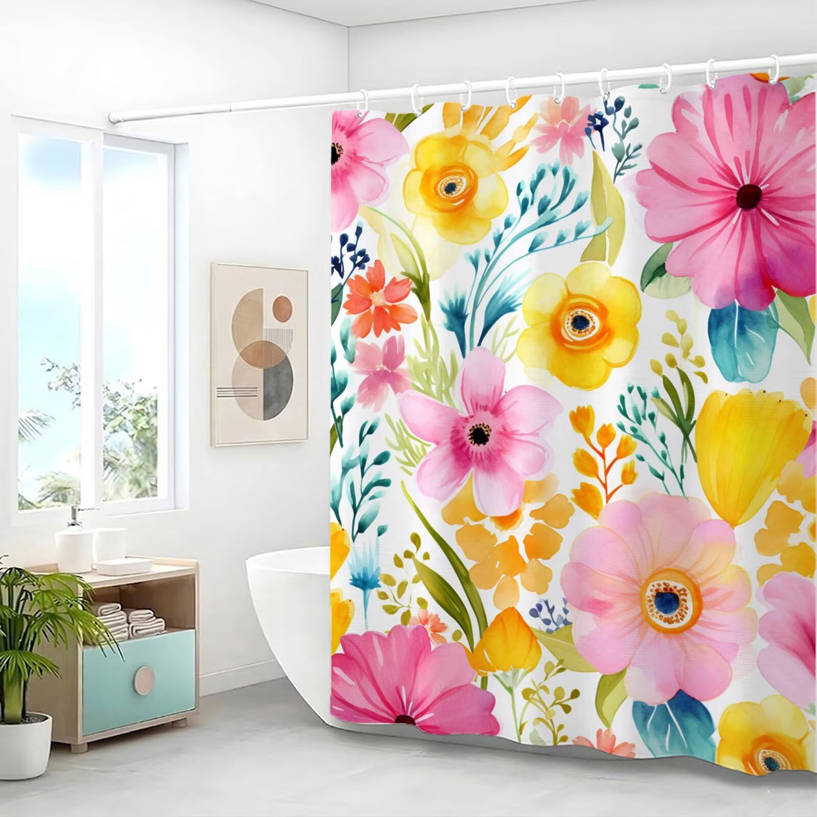 Duschvorhang 200x240 cm Anti Schimmel - Rosa Design - Wasserdicht & Waschbar Schnelltrocknender Polyester Stoff - Inkl. 12 Ringe und Gewicht Shower Curtain für Badezimmer Dusche Badewanne, Gelb J8-169