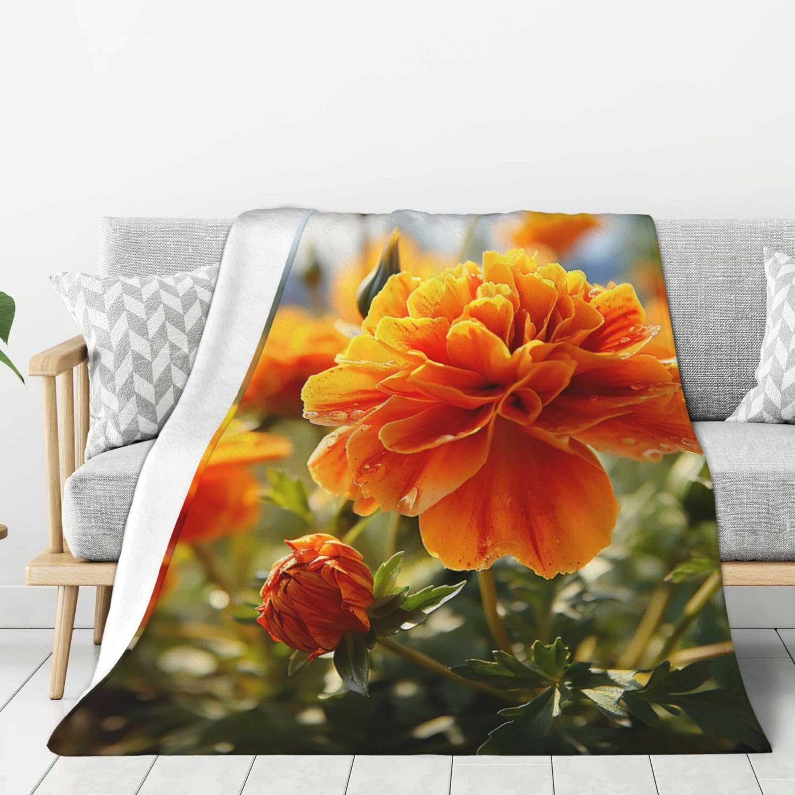 Marigold Flower Autumn Flowers Throw Blanket Plush Flannel Fleece Blanket, Soft Lightweight Cozy Blankets 50"X40" for Bed Couch Sofa Travel