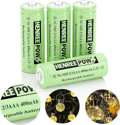 Henreepow Batería solar 2/3AAA, batería recargable de 2/3AAA 400mAh, batería recargable de baja autodescarga de 2/3AAA 1.2V, paquete de 4 para luces