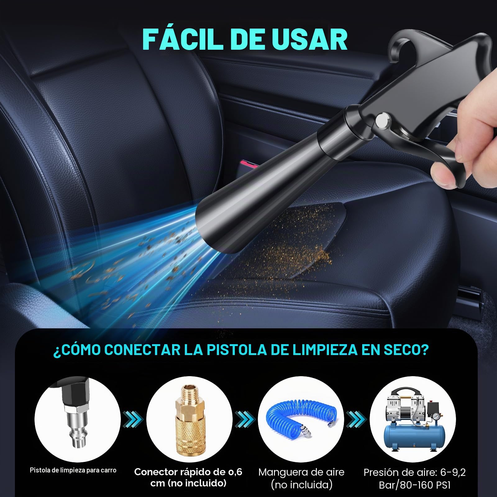 Pistola de limpieza en seco, pistola de limpieza interior de coche de alta presión, herramienta de limpieza de coche con 2 boquillas para soplar rápidamente la suciedad y el polvo