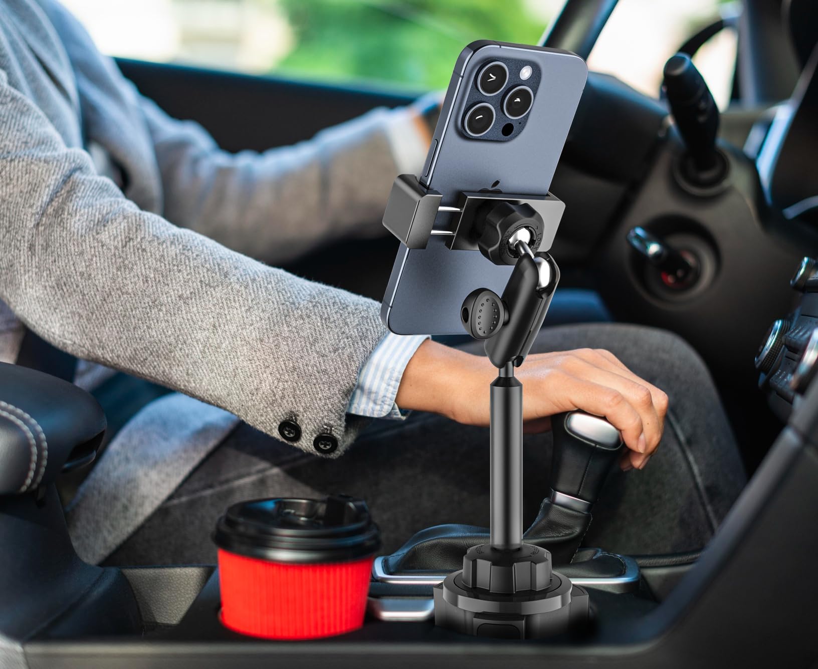 Metal Soporte Móvil Posavasos Coche - Estable Duradero Robusto | Soporte Móvil Taza Coche con Brazo Ajustable de Aluminio para Todos los Teléfonos, iPhone 17 16 15 Pro Max, Galaxy S26, etc