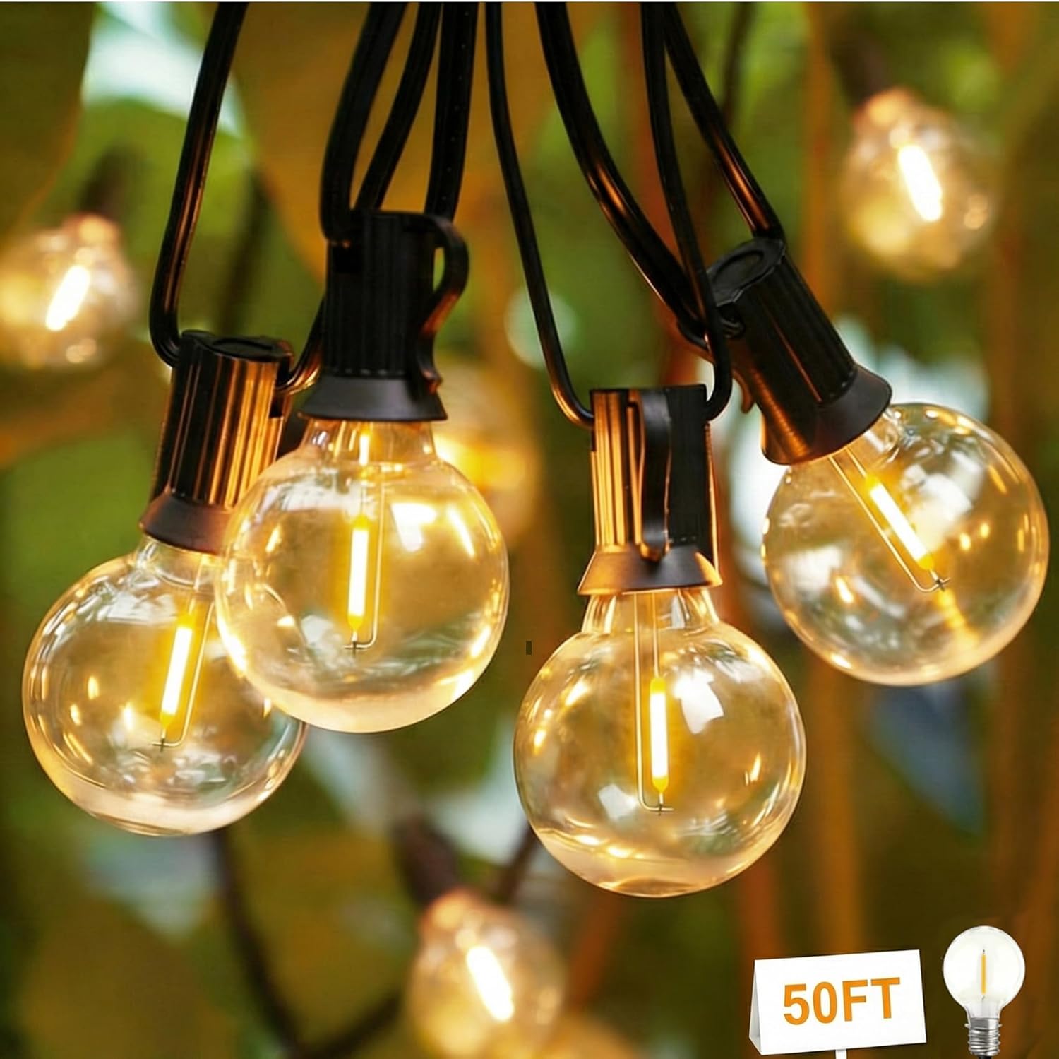 Outdoor LED String Lights with 50 Feet G40 Globe 26 Plastic Bulbs(1 Spare), Waterproof Hanging Light for Patio Backyard Porch Balcony Party Christmas Decoration