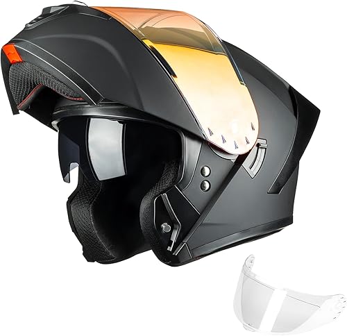 ILM Casco modular de motocicleta para adultos, de cara completa, abatible, con doble visera, Street Bike Racing DOT modelo MM966 (negro mate, rojo,