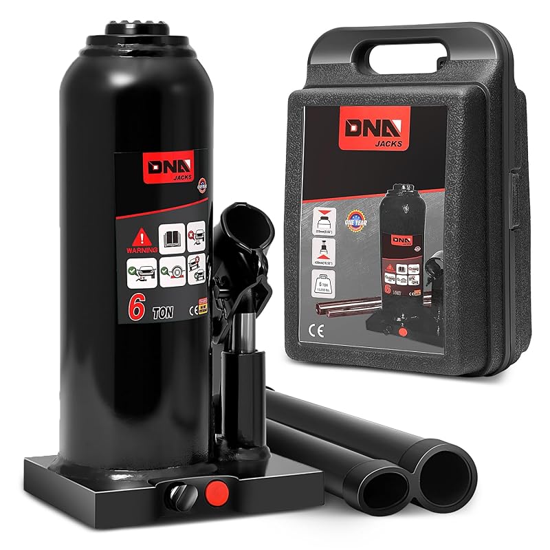 Macaco Hidráulico Garrafa DNA MOTORING 6 Toneladas, Altura de Elevação de 21,8 a 43,4 cm, Preto