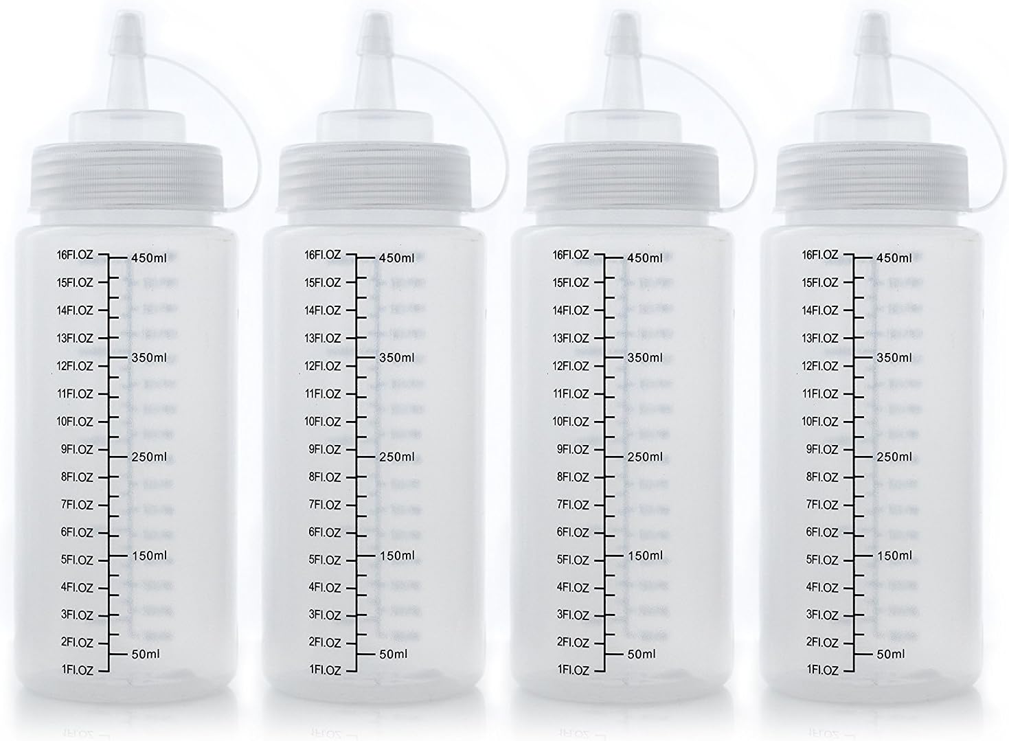 SKEMIX Squeeze Bottles with Cap โ, BPA-Free, Transparent Plastic, 16 Ounce Capacity with Measurements โ Ideal for Condiments, Oil, Icing,Liquids and Crafts, โ Set of 4