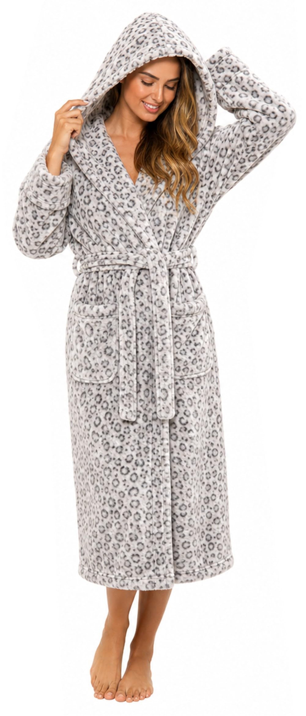 KATE MORGAN Ladies Soft & Cosy Hooded Dressing Gown Grey Leopard S