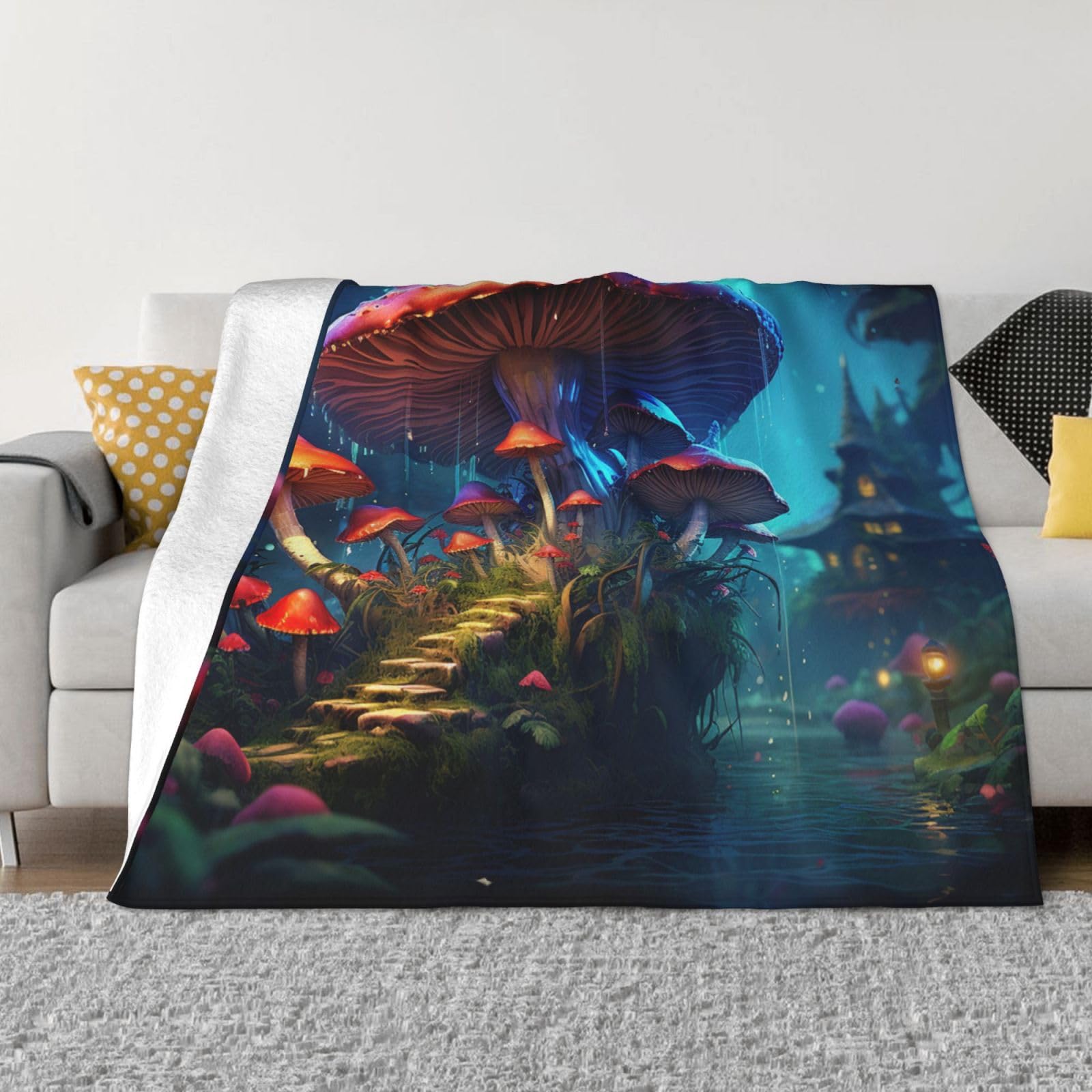 Couverture champignon en micro polaire douce et légère pour lit et canapé