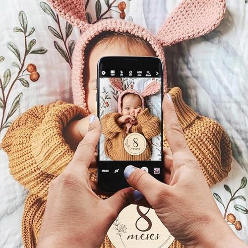 Miniatura 4 de Tarjetas españolas de hitos mensuales - Tarjetas de hitos mensuales para bebés, discos de madera de 1 a 12 meses de niño y niña recién nacido, 7