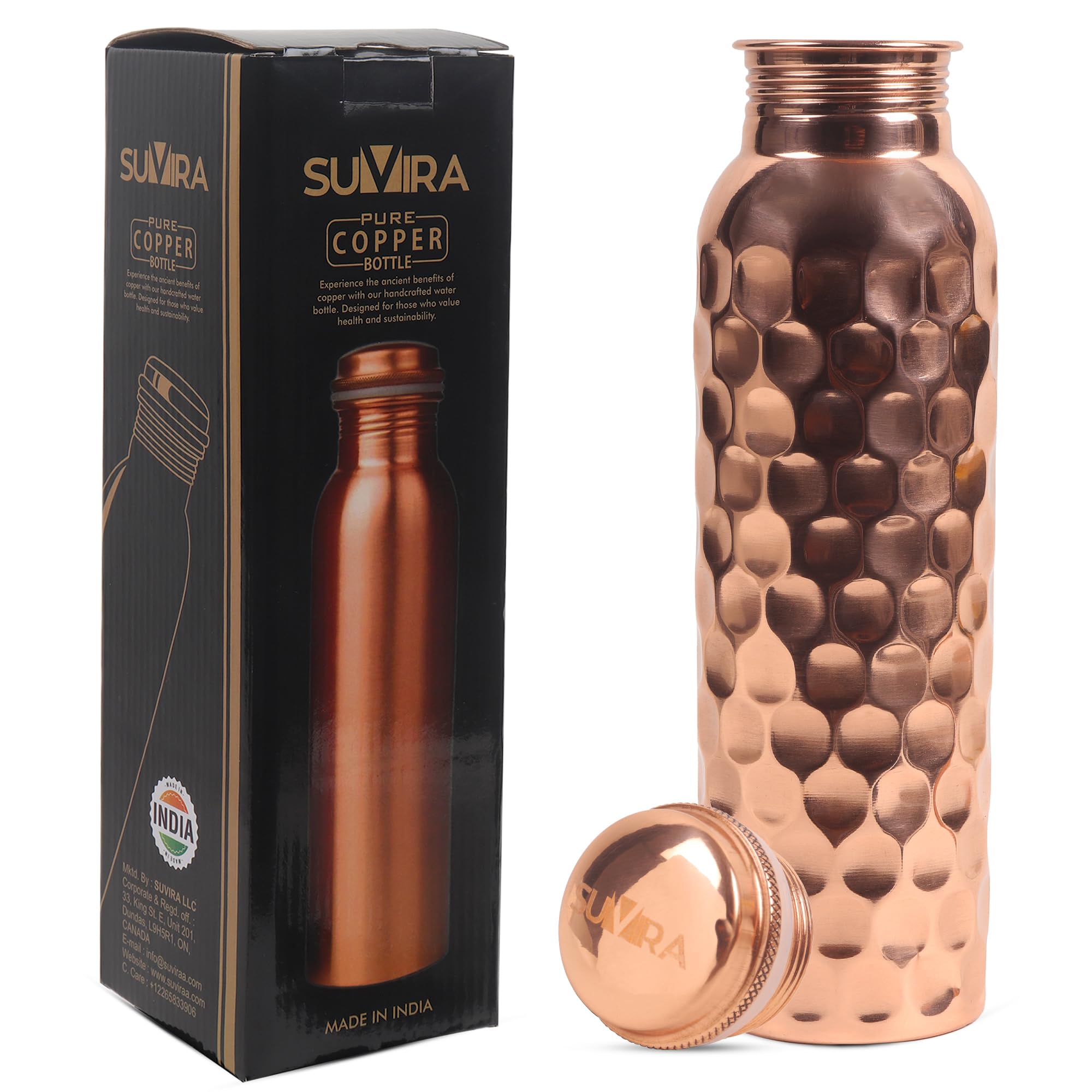 SUVIRA Pure Copper Water Bottle 900 ML : Ayurvedic Health Benefits |Copper vessel, Leak-Proof Eco-Friendly Design + Certificate of Purity Inside Bottle Box (Diamond Pattern)