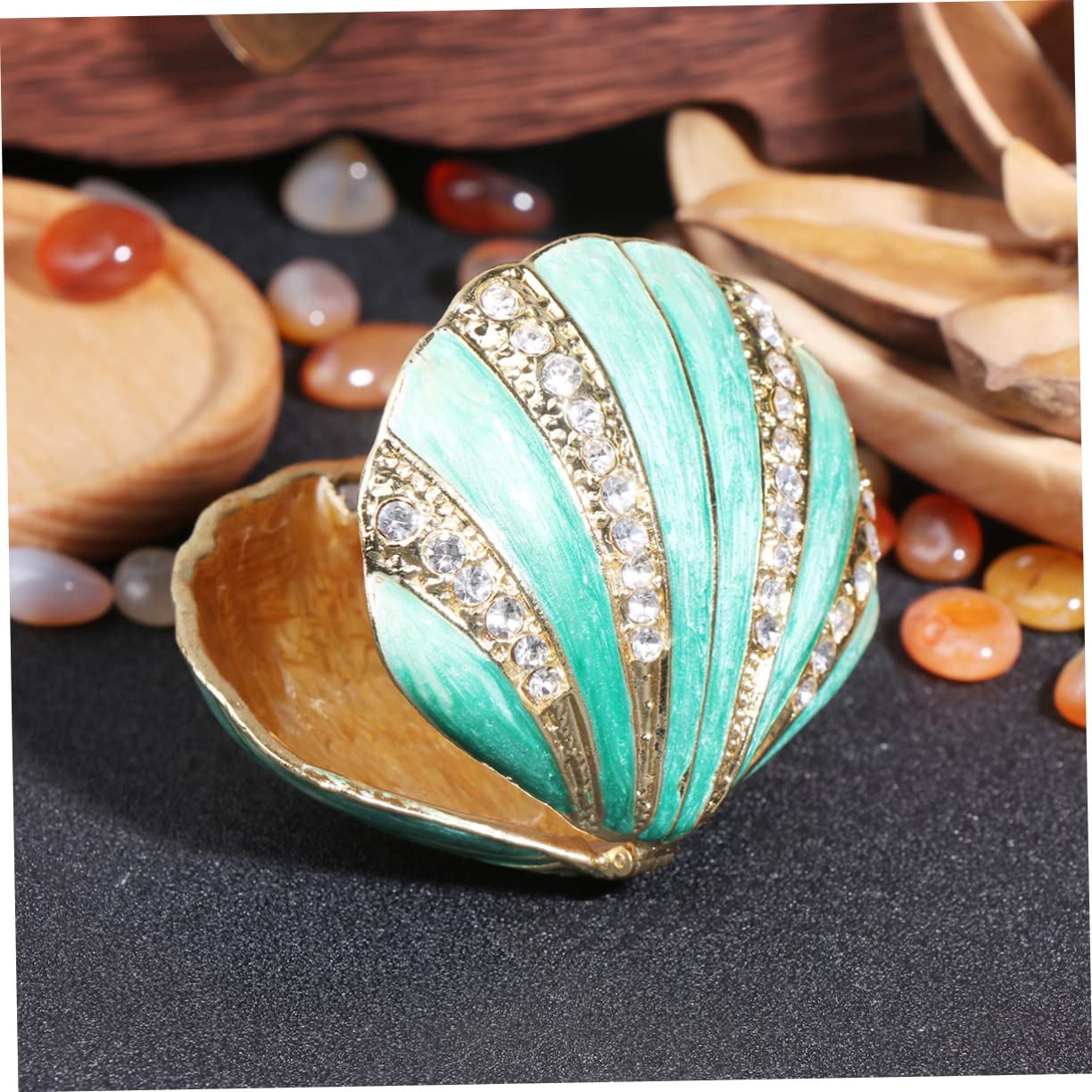 2piezas Caja De Joyería De Aleación De Enamel Forma De Concha Retro Organizador De Anillos y Accesorios Almacenamiento Compacto Para Mujeres Verde