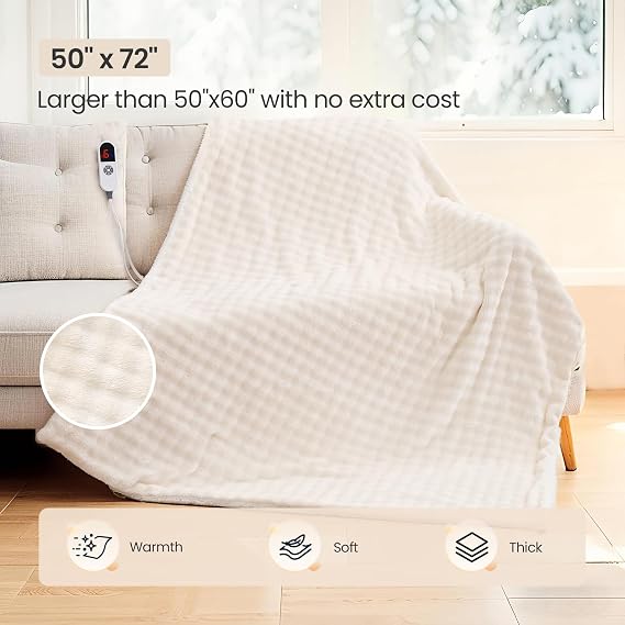 Heated Throw Blanket 50x72, Electric Blanket with 3D Bubble-Shaped, Soft Flannel and Thickened Sherpa Fleece, 6 Heat Settings, 1-4H Timer, Couch Heated Blanket, Machine Washable, Gift, White