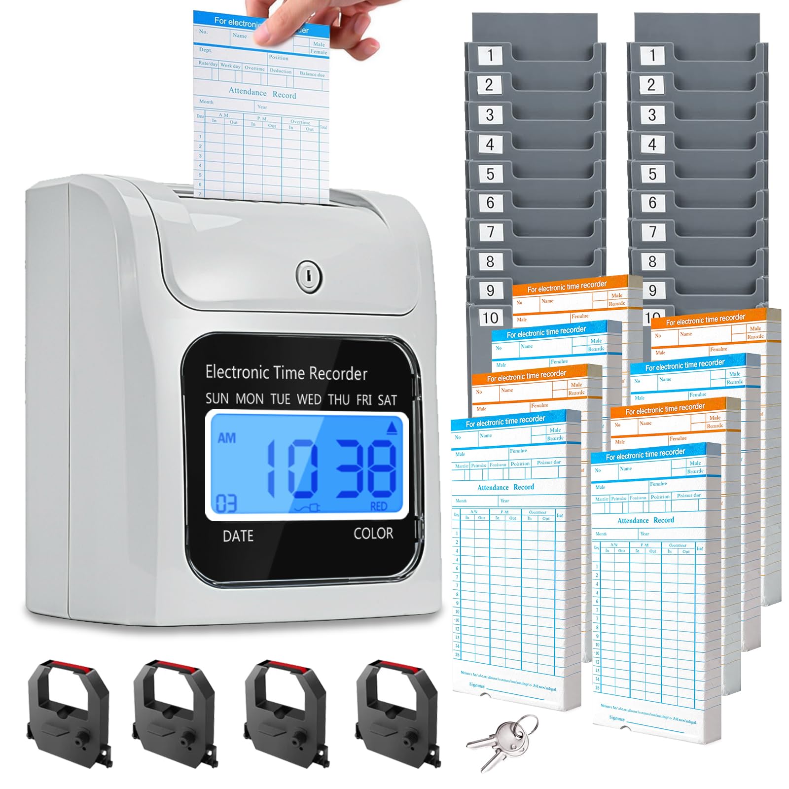TooCust Time Clock Bundle with 400 Time Cards, 4 Ink Ribbons, 2 Ten-Slot Time Card Racks, &amp; 2 Security Keys, Auto-Align Time Clocks for Employees Small Business