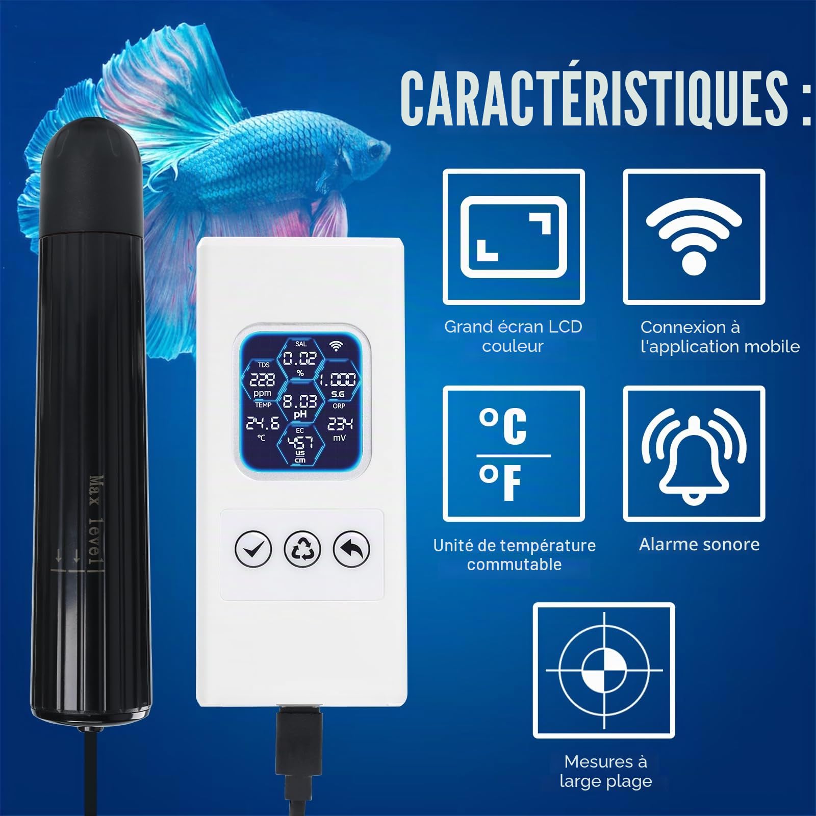 TEKCOPLUS Moniteur de qualité de l'eau WiFi sans fil 7 en 1 – pH/ORP/TDS/EC/salinité/SG/Temp, application Tuya, alertes en temps réel, affichage couleur ATC pour aquarium, eau douce et eau salée