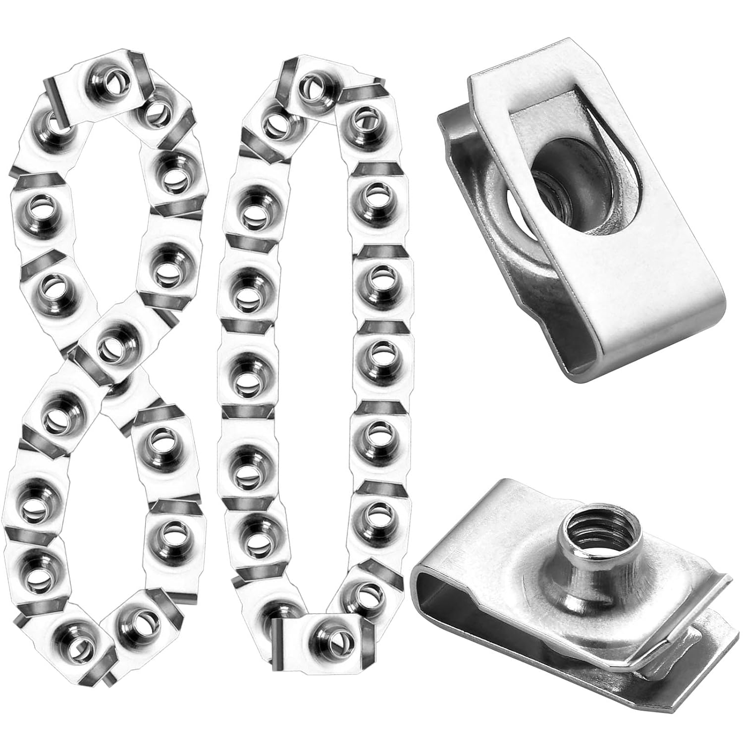 80 Pcs 1/4" - 20 Stainless Steel Regular Extruded U Nuts, U-Type Clip-on Nut, U Style Fasteners, Silver
