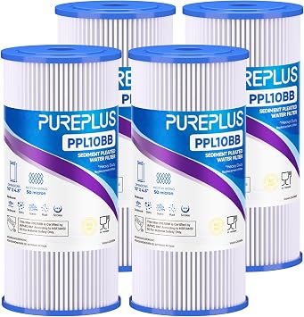 PUREPLUS 50 Micron 10" x 4.5" Extra Coarse Pleated Sediment Filter for Well Water, Replacement Cartridge for GE FXHSC, Culligan R50-BBSA, Pentek R50-BB, DuPont WFHDC3001, W50PEHD,GXWH40L, 4Pack
