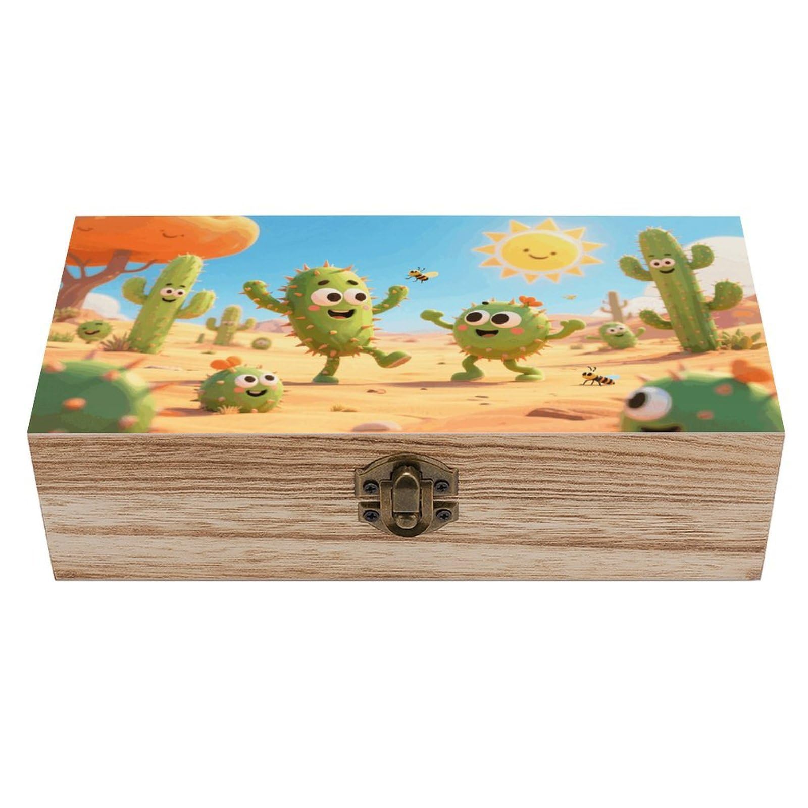 VstaDank Summer Cactus Wooden Box Sturdy Vintage Storage Box with Hinged Lid Exquisite Wood Keepsake Boxes Large Jewelry Case Cute Trinket Holder Unique Gift for Men & Women