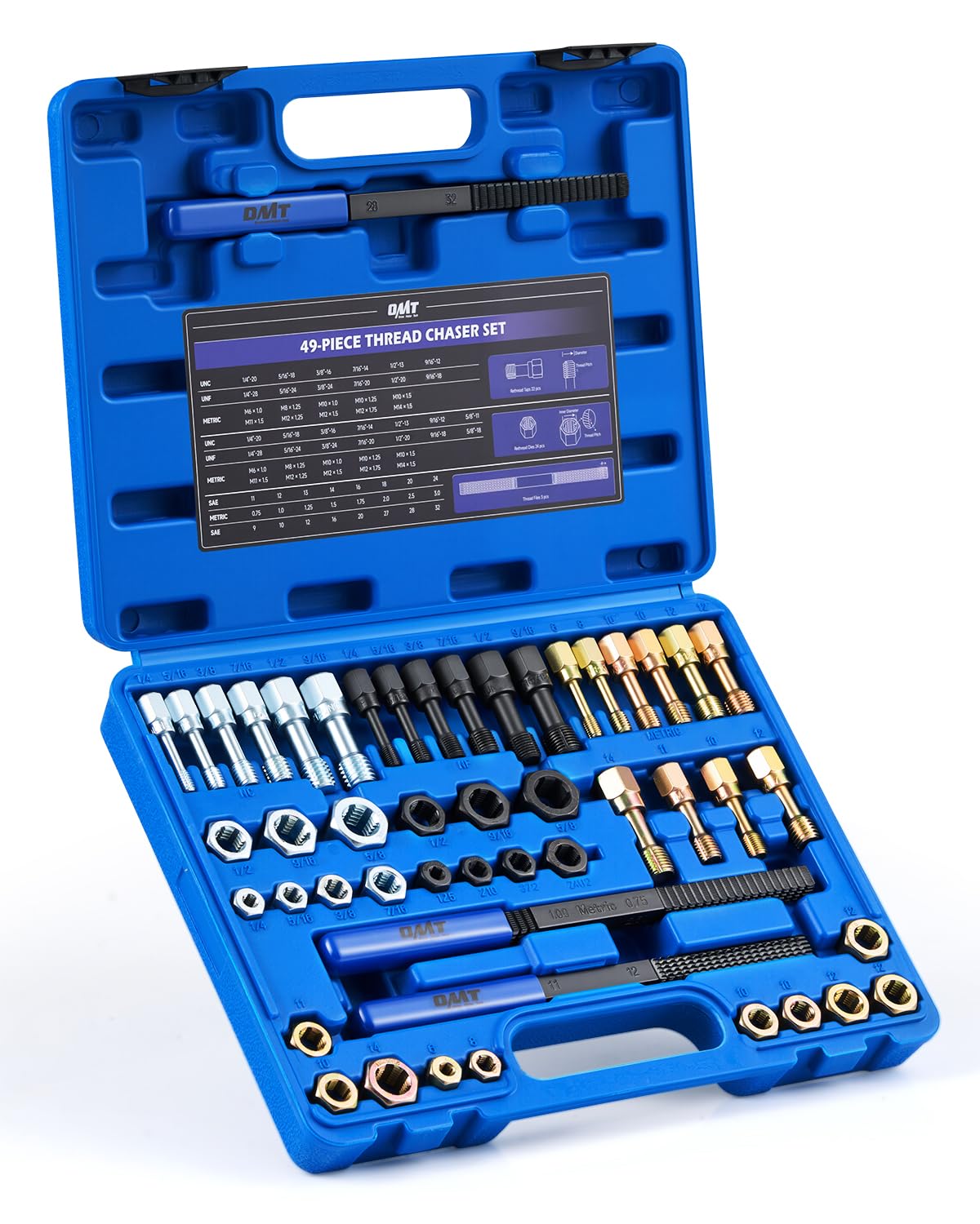 Orion Motor Tech 49 Piece Thread Chaser Set, Metric and SAE Thread Repair Kit with 22 Taps 24 Dies 3 Thread Files, Universal Rethreading Kit Thread Restorer Tool Set in UNC UNF Metric Sizes with Case