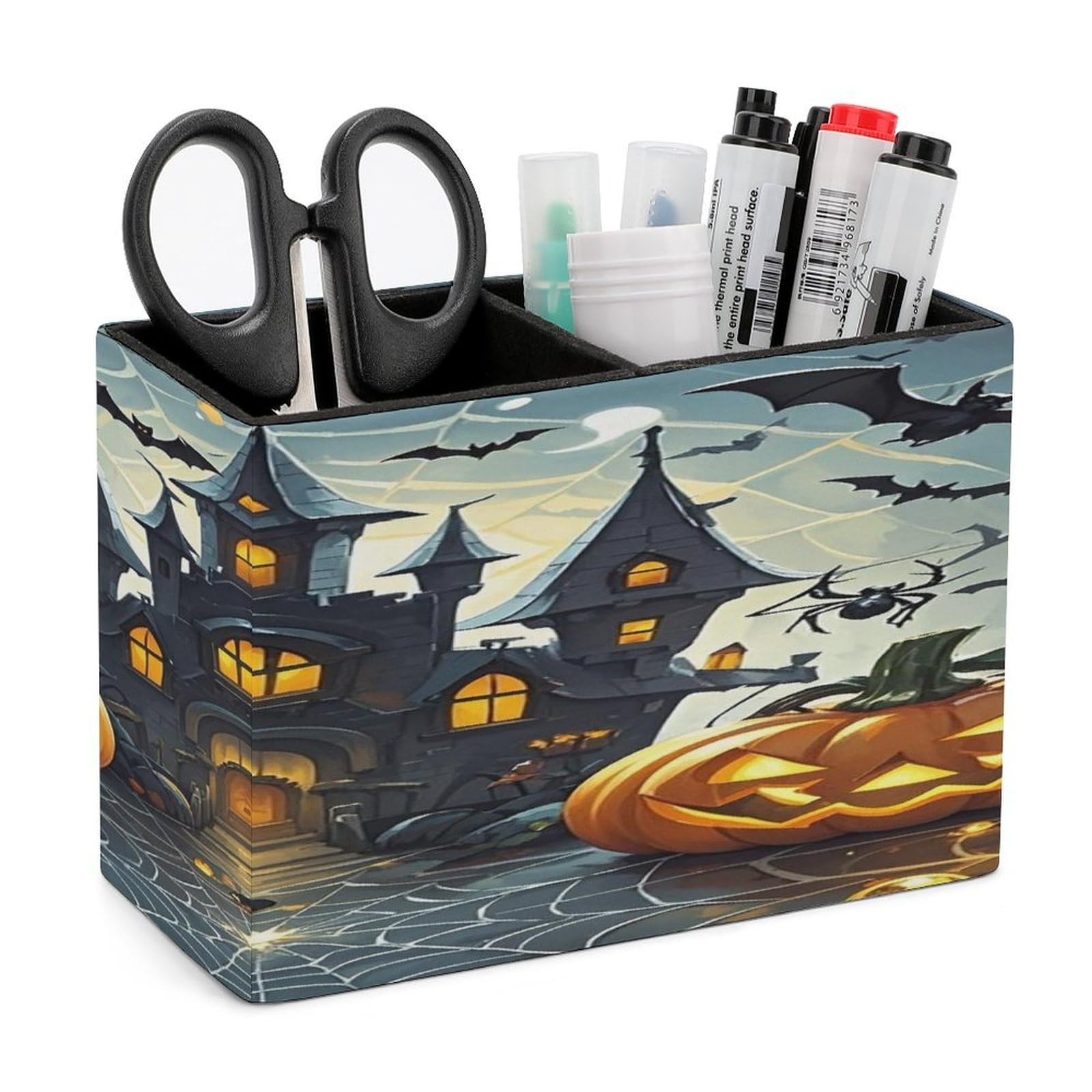FekiLoot Pumpkin Lantern Castle Pen Holders for Desk Small Remote Control Holder Leather Pencil Cup with Double Compartments Desktop Organizer for Table Desk Office Space Saving
