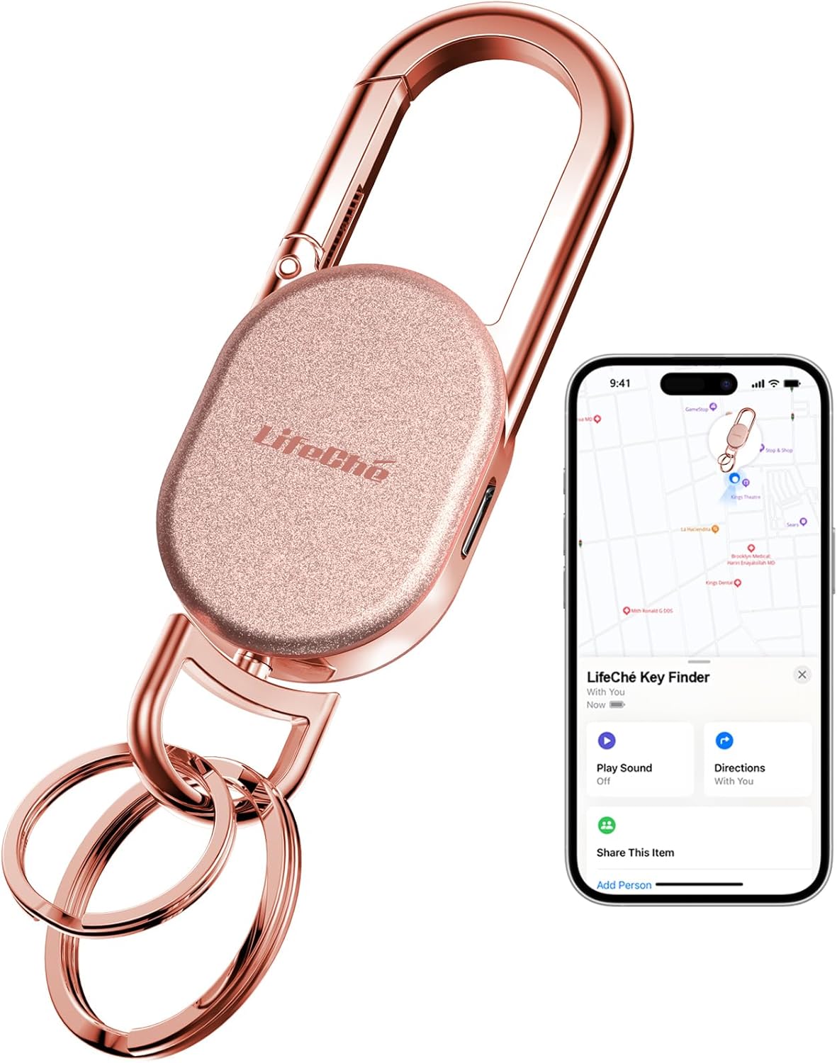 Keychain, Key Finder Built-in Anti-Loss Tracker, Heavy Duty Key Holder, Premium Stainless Steel Keychain Carabiner Car Key Chains with GPS Global Locator Tracking Waterproof (Rose Gold)