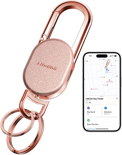 Keychain, Key Finder Built-in Anti-Loss Tracker, Heavy Duty Key Holder, Premium Stainless Steel Keychain Carabiner Car Key Chains with GPS Global Locator Tracking Waterproof (Rose Gold)