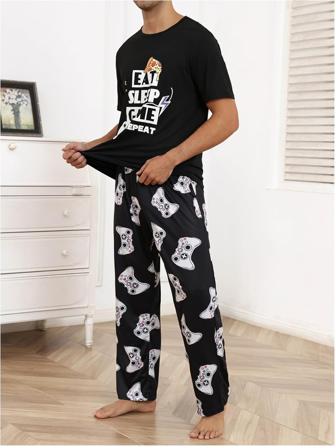Verdusa Men's 2 Piece Summer Pajama Sets Crew Neck Graphic Tees with Long Pants Loungewear - Image 3
