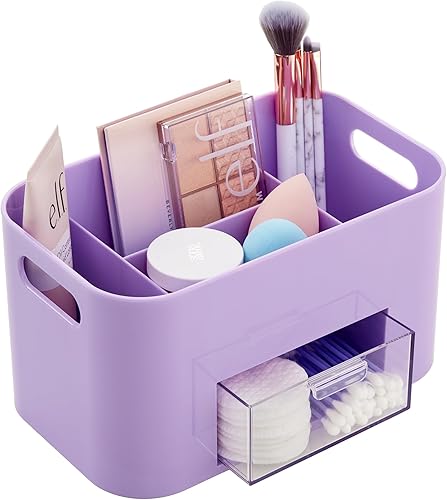STORi Bliss - Organizador de maquillaje morado lila para encimera, organizador de baño dividido y cajón de almacenamiento, soporte para brochas de
