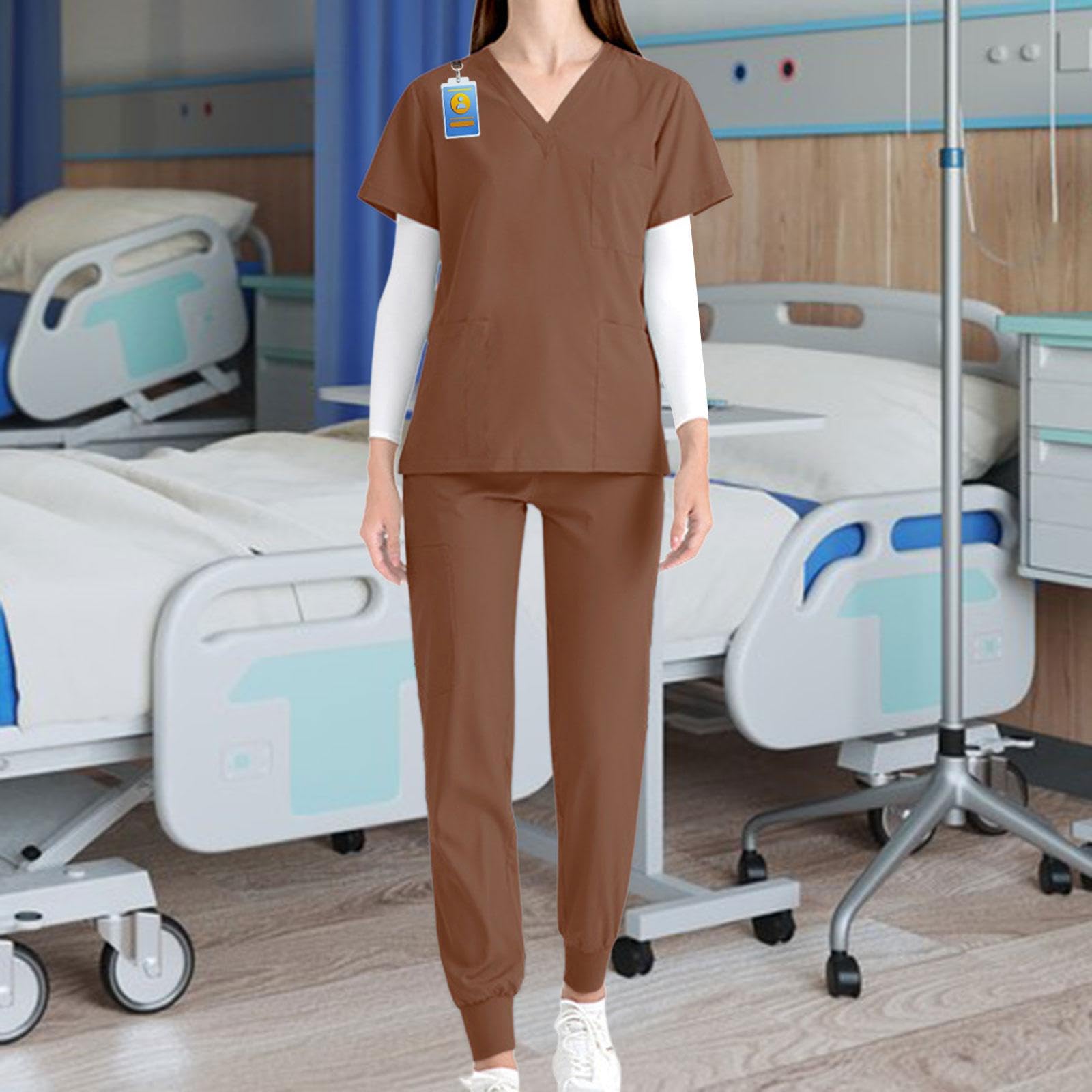 Pflegeuniform Damen Berufsbekleidung Arbeitsanzug Oberteil Hose Polyester Leicht mit Kurzarm Und Hosentaschen für Personal Tierpfleger W, braun, xl