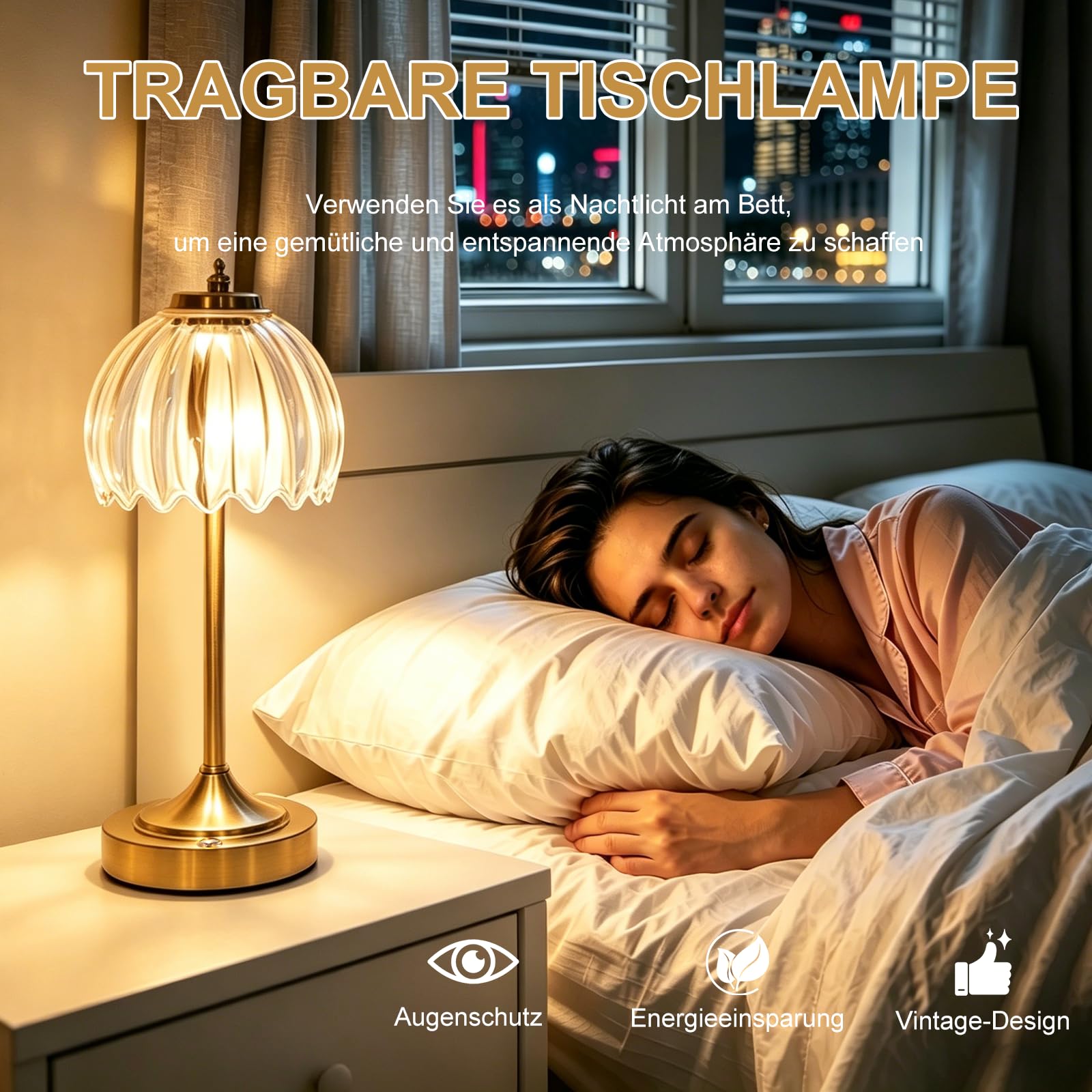 LED Vintage-Nachttischlampe Dimmbar, 3CCT, Kabellos Tischleuchte mit Retro-tulpenförmigen Glasschirm Akku Atmosphäre USB Aufladbar, Touch-Steuerung, kleine Nachtlicht für Schlafzimmer Wohnzimme