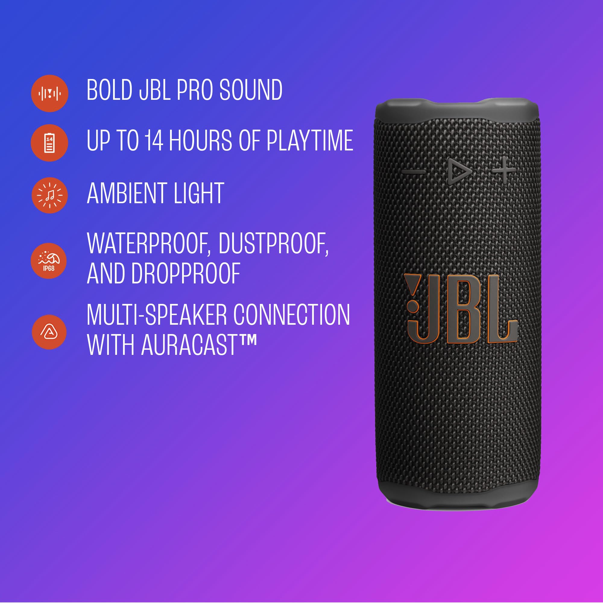 JBL Grip – Haut-Parleur Bluetooth Compact avec Son JBL Pro Audacieux et lumière ambiante, jusqu'à 14 Heures de Lecture, résistant à l'eau, à la poussière et aux Chutes (IP68), et Connexion