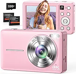 Câmera digital, câmeras 4K 64 MP para fotografia, câmera digital compacta pequena com foco automático, câmera dupla, flash, zoom de 16X, cartão de 32 GB, câmera de vlogging para adolescentes, meninos