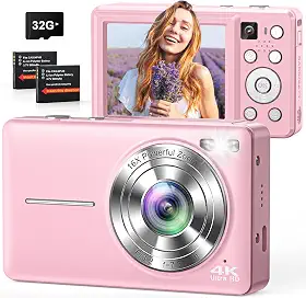 Câmera digital, câmeras 4K 64 MP para fotografia, câmera digital compacta pequena com foco automático, câmera dupla, flash, zoom de 16X, cartão de 32 GB, câmera de vlogging para adolescentes, meninos
