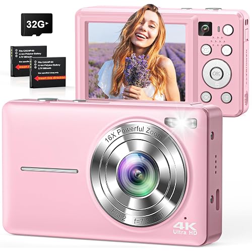 Digital Camera, 4K 64MP Cameras for Photography, Small Compact Point and Shoot Digital Camera with Auto Focus, Dual Camera, Flash, 16X Zoom, 32GB Card, Vlogging Camera for Teens,Boys, Girls