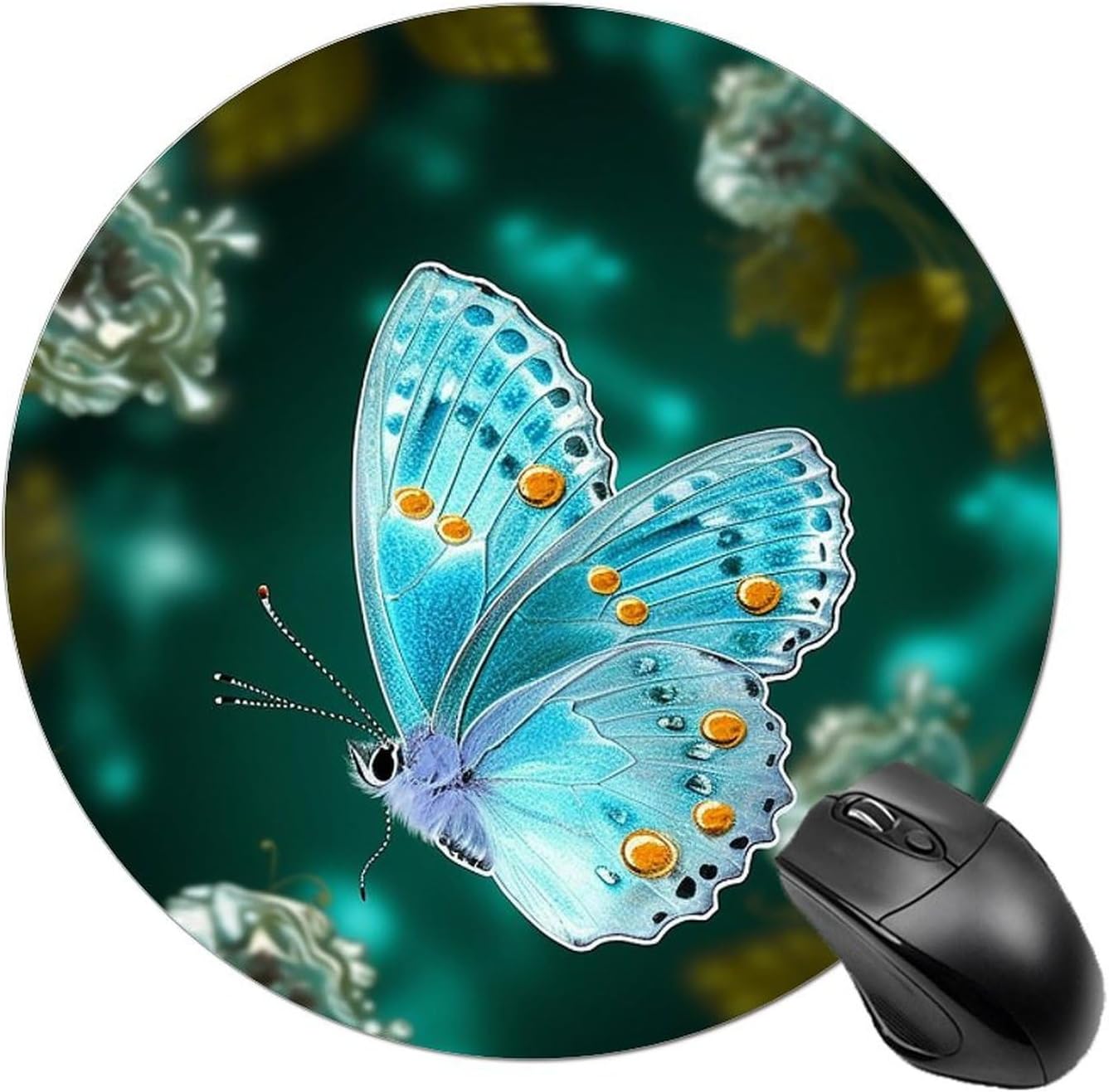 Light Blue Butterfly Round Mousepad Funny Small MouseMat with Non-Slip Rubber Base and Stitched Edge Gaming Mousepad for Home Office Dorm Desk Decor Accessories for Home Office Work 7.8x7.8 Inches