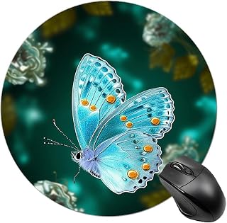 Light Blue Butterfly Round Mousepad Funny Small MouseMat with Non-Slip Rubber Base and Stitched Edge Gaming Mousepad for Home Office Dorm Desk Decor Accessories for Home Office Work 7.8x7.8 Inches