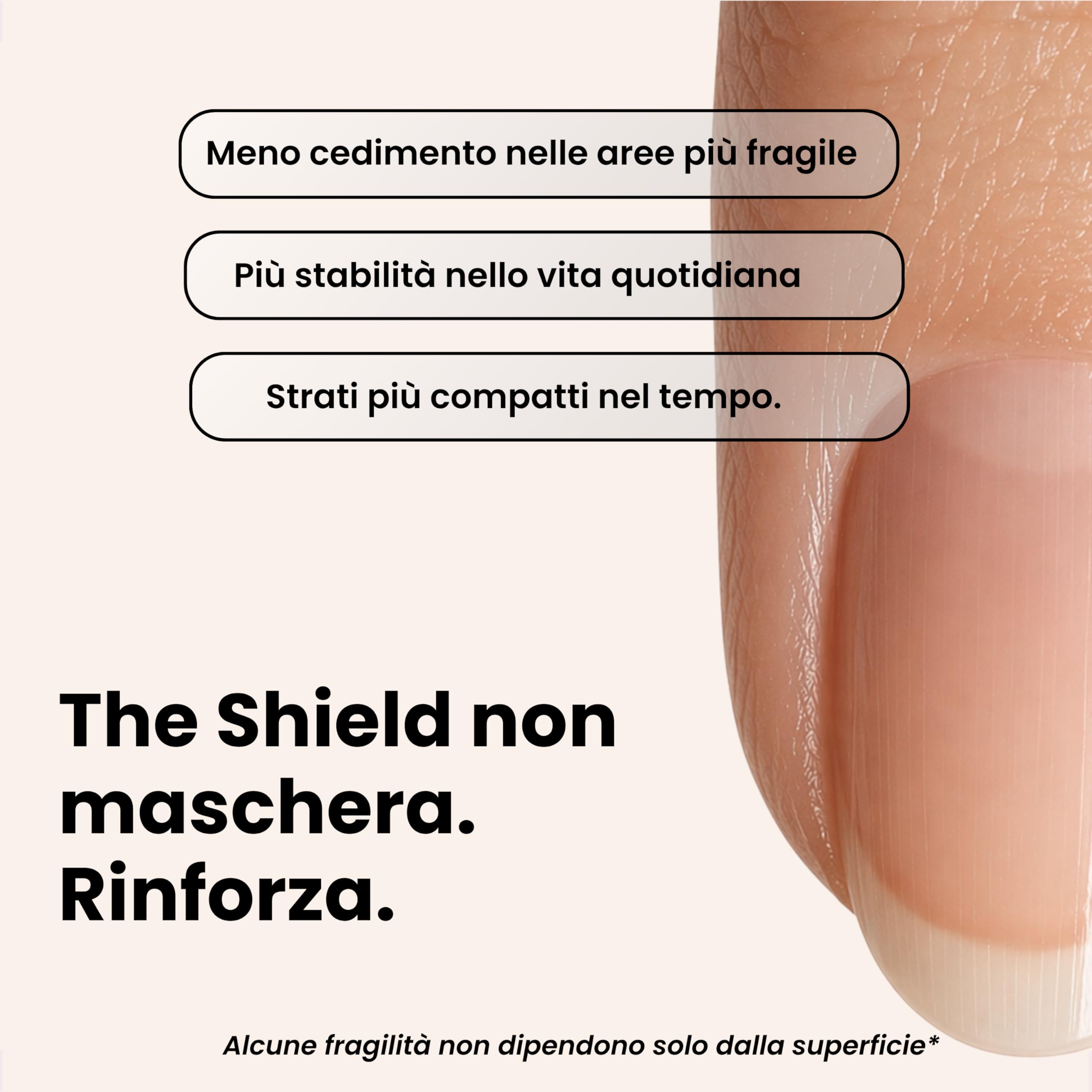 Smalto indurente rinforzante unghie fragili e sfaldate. Matrice strutturale trasparente con 13 bioattivi ad azione mirata. Protezione e stabilità dopo gel o trattamenti.