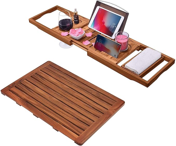 Teak Shower Mat with Bathtub Caddy Tray Set,Portable Spa