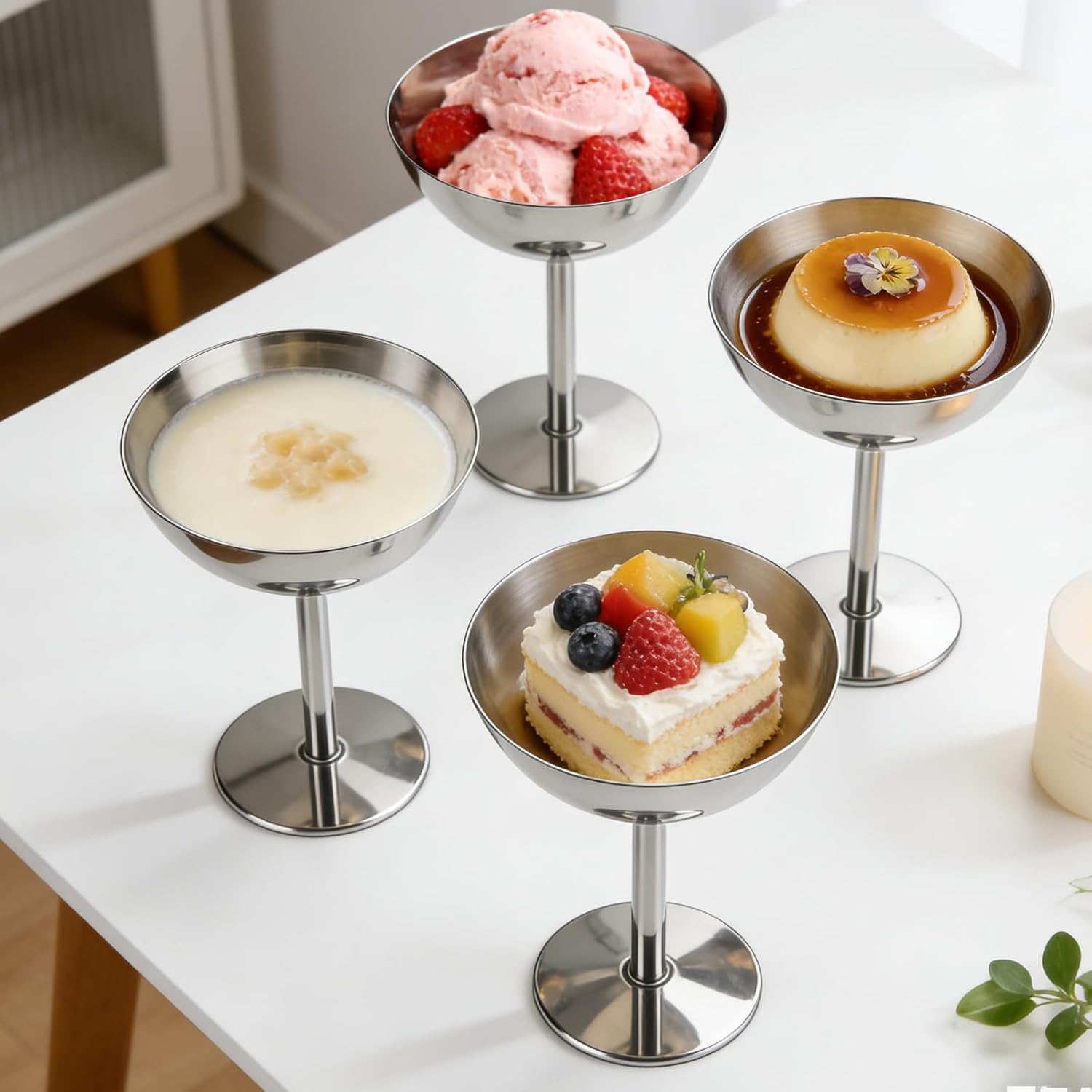 4PCS 6.7 Oz Stainless Steel Footed Ice Cream Cups - Glossy Silver Dessert Bowls Party Cups with Forks for Sundae, Fruit Salad, Snack, Yogurt,Cocktail & Summer Birthday Party