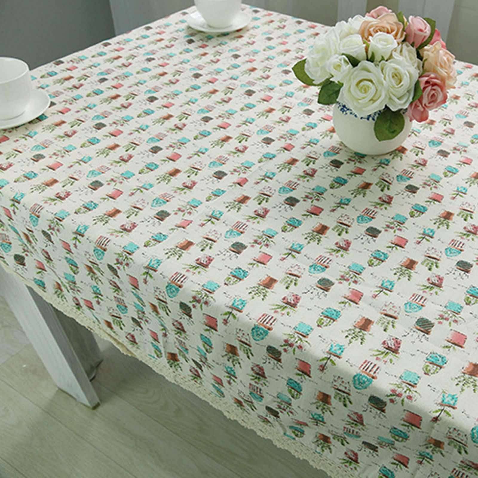 AMDXD Manteles de Algodon y Lino, Patrón de Maceta Mantel Mesa Rectangular para Bodas Fiesta Buffet Navidad Cumpleaños Restaurante, Blanco Azul, 140x180CM