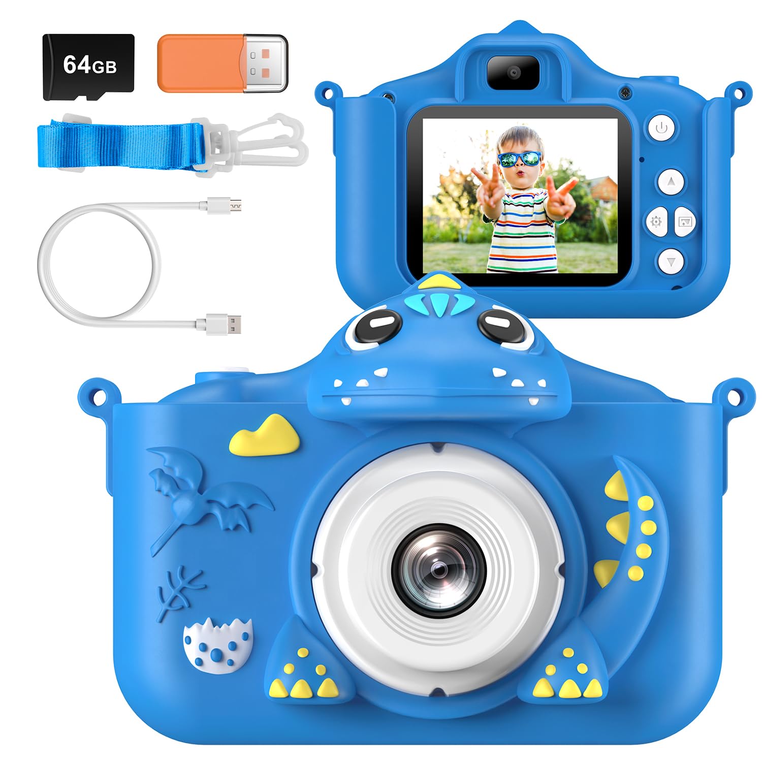 Kids Camera for Girls Boys Toddlers Childrens Age 3-8 Digital Selfie with 64GB Card for Son Daughter Grandson Granddaughter Christmas Birthday Gifts