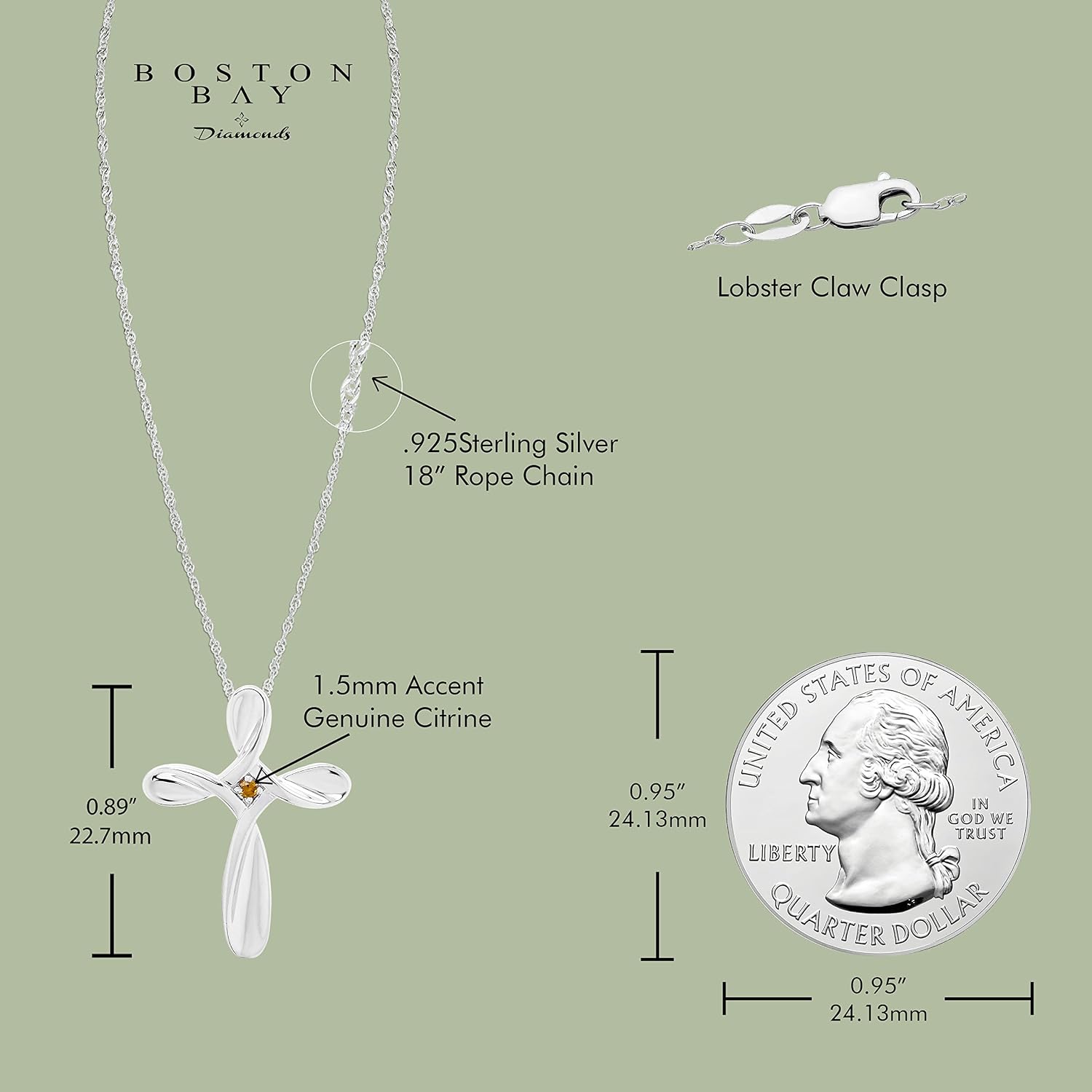 Boston Bay Diamonds 925 Sterling Silver Birthstone Gemstone Cross Pendant with 18" Rope Chain
