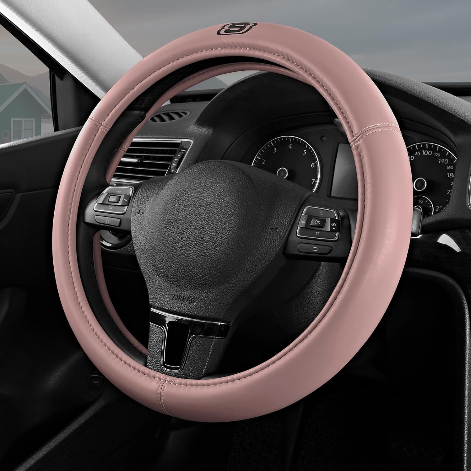 Skechers Memory Foam Pink Steering Wheel Cover,Grade Protein Leather Steering Wheel Cover,Universal Fit 14" 1/2-15" Car Wheel Cover for Women Stylish Decor Gifts Fit Suvs,Vans,Sedans,Car,Trucks,Pink