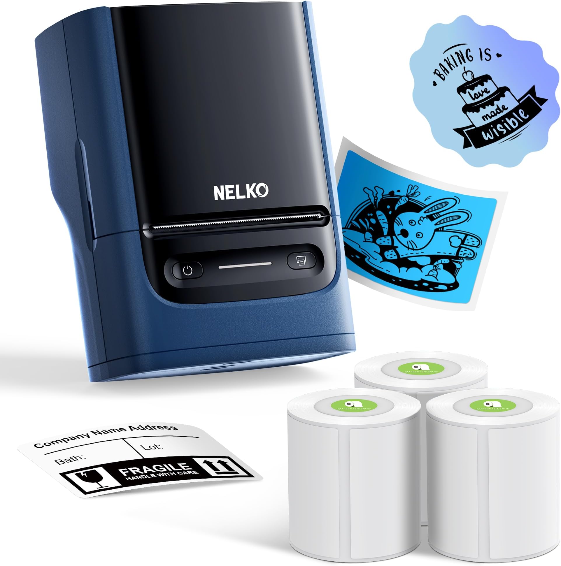Nelko PM220 Bluetooth Label Maker Machine With Tape, 2 Inch Portable Thermal Printer for Small Business, Logo, Clothing, Sticker for Phones & PC, With 3 Labels, Deep Blue