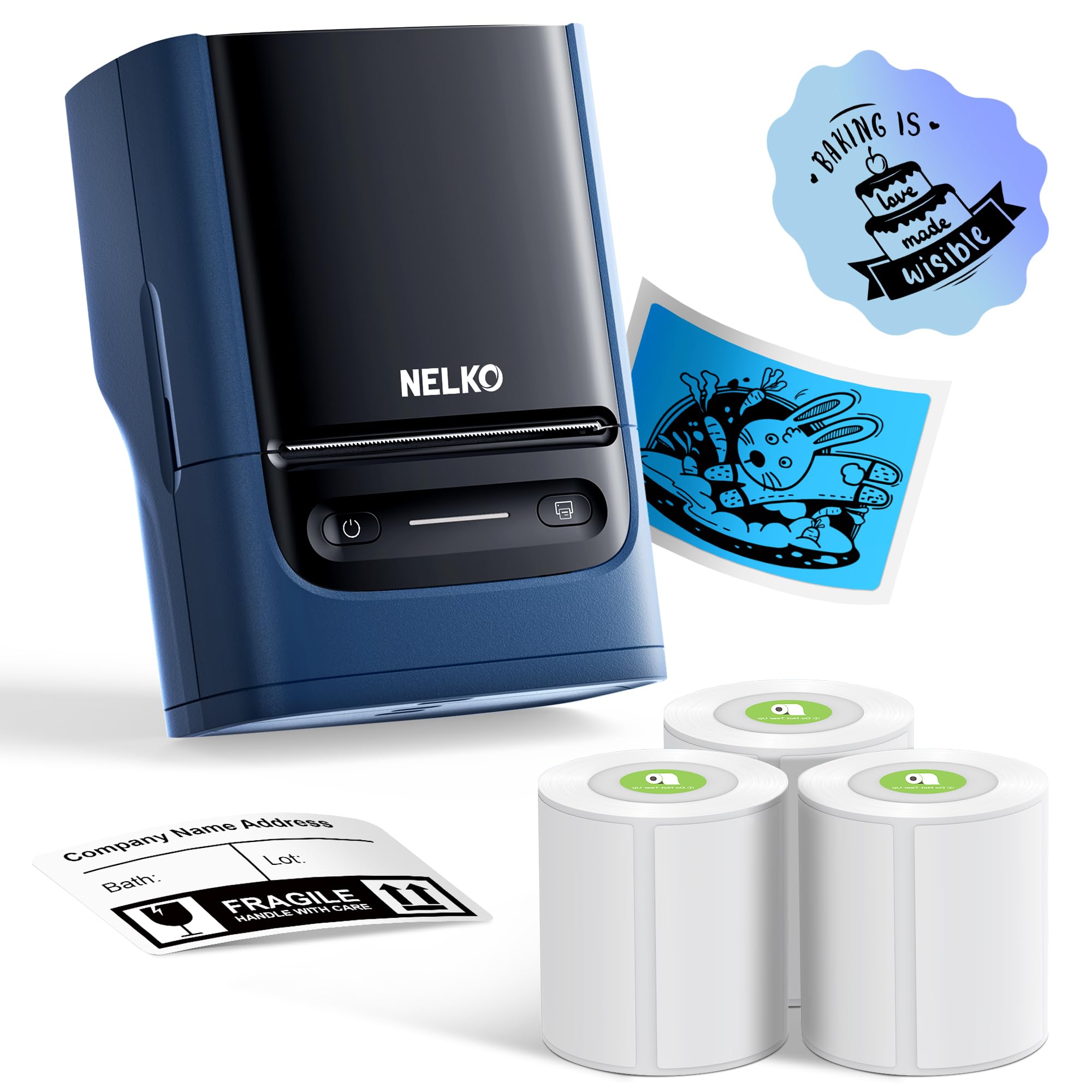 NelkoLabel Maker Machine with Tape, PM220 Bluethooth Label Printer, 2 Inch Portable Thermal Printer for Small Business, Logo, Clothing, Sticker Printer for Phones & PC, with 3 Labels, Deep Blue